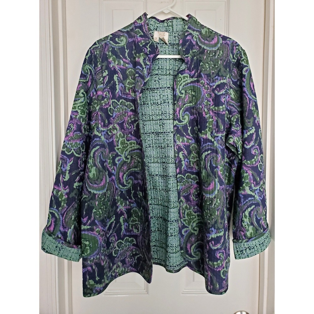 Vintage Baxter & Wells Quilted Cotton Jacket Blue Green Paisley Open Front 1X